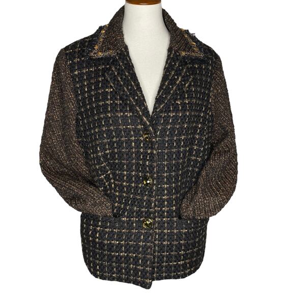Chico's Tweed Blazer Black Brown Metallic Beaded Fringe Size 12 L Boho Academia - Picture 4 of 15